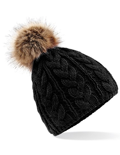 Faux Fur Pop Pom Cable Beanie